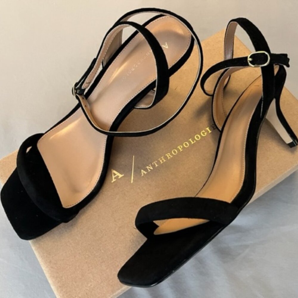 Anthropologie Black Suede Ankle-Strap Heels
